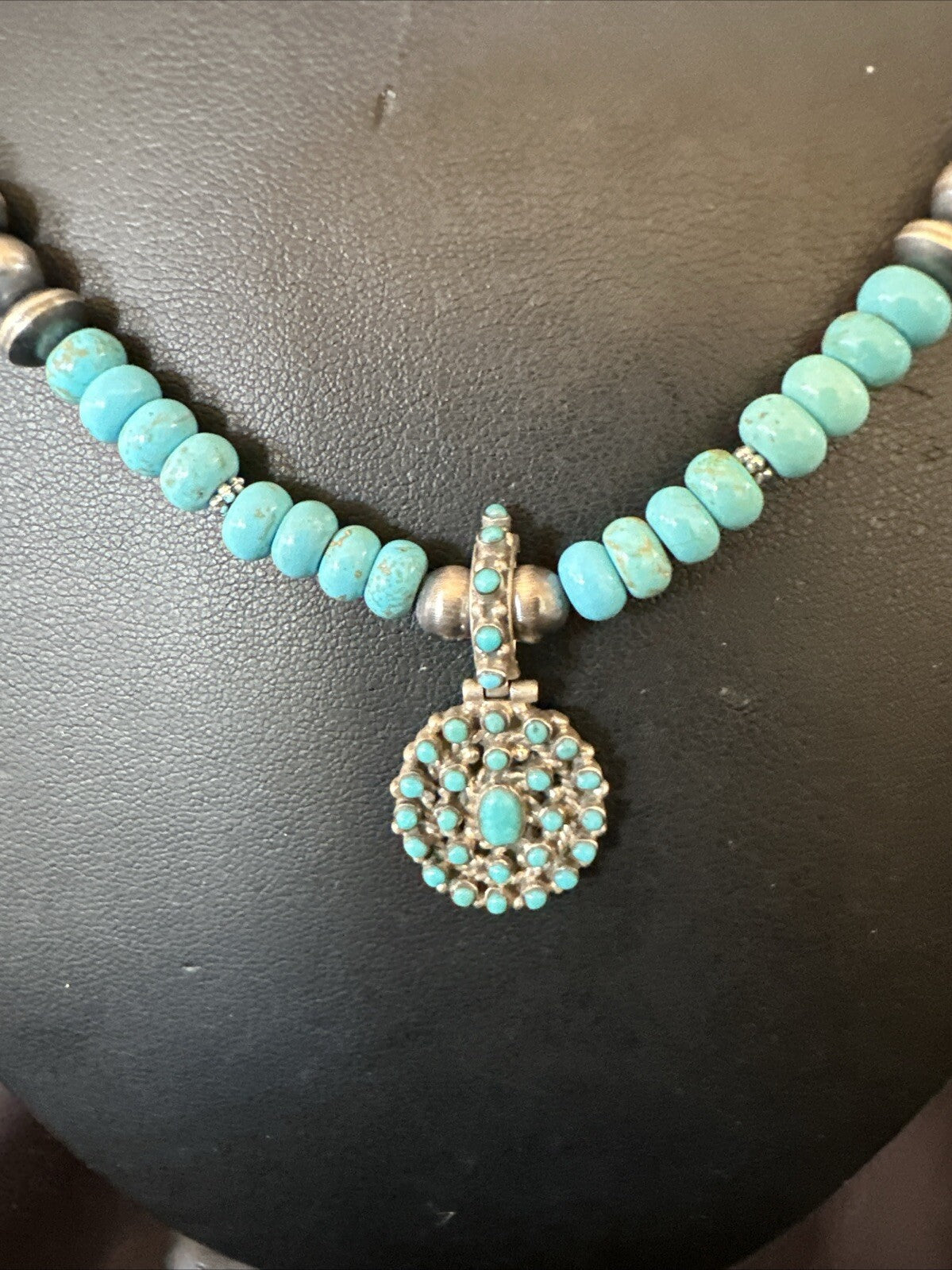 Zuni Blue Kingman Turquoise Cluster Pendant Sterling Silver Necklace 21" 18381