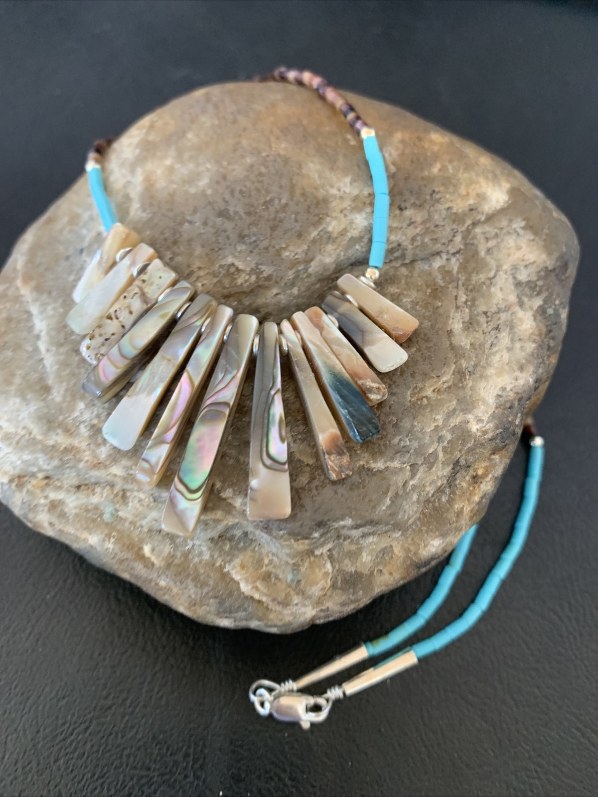 Blue Turquoise & Pava Shell Heishi Navajo Sterling Silver Necklace 01689
