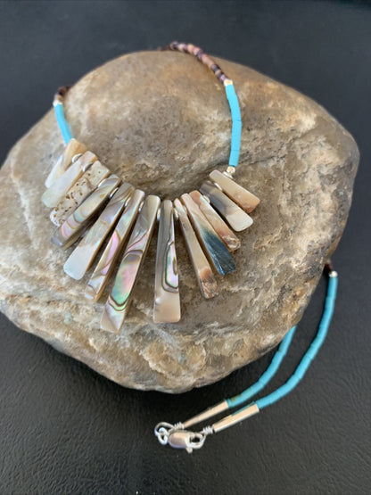 Blue Turquoise & Pava Shell Heishi Navajo Sterling Silver Necklace 01689