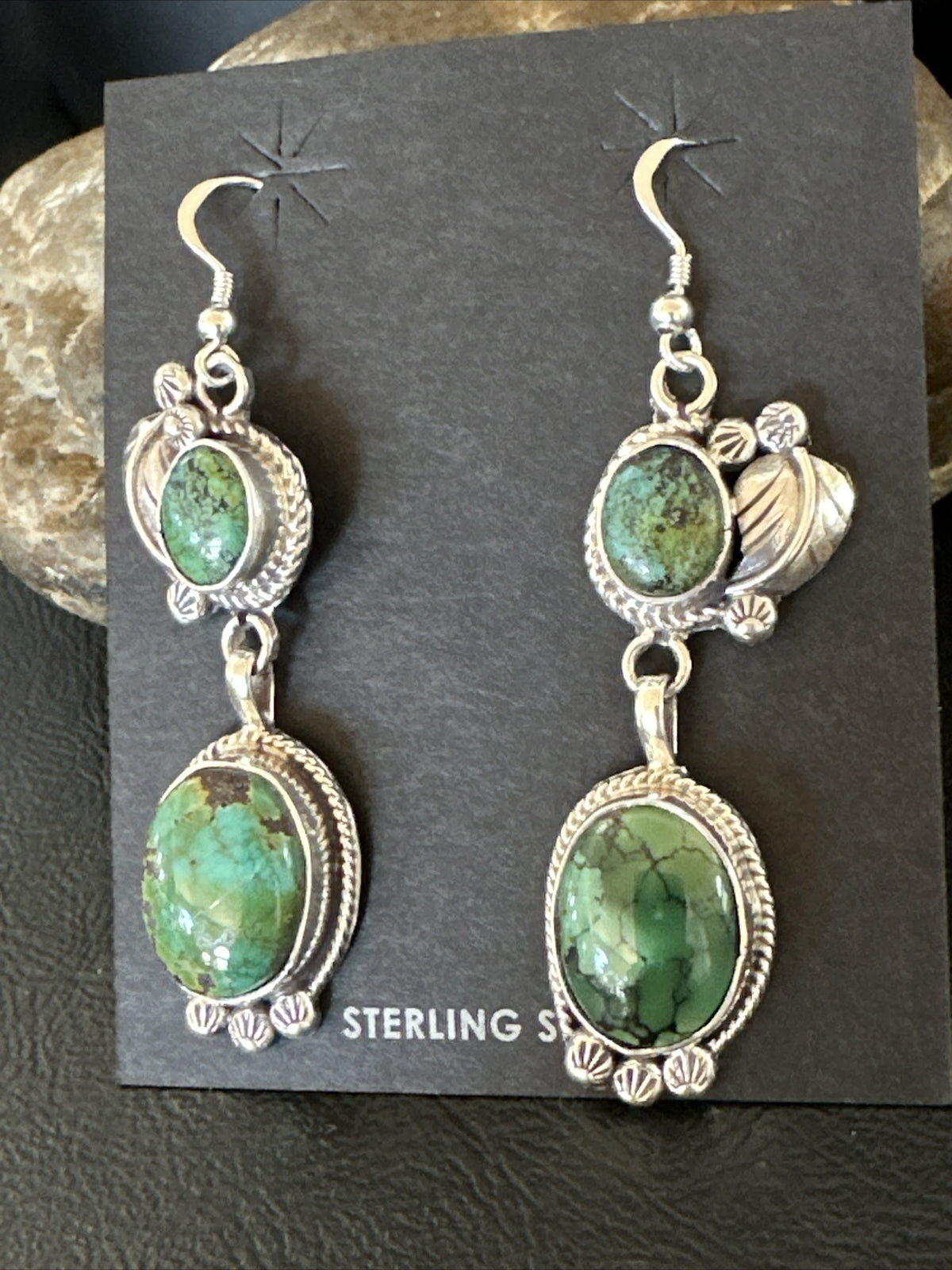 Native Navajo Green Turquoise Sterling Silver Dangle Earrings 2” 17696