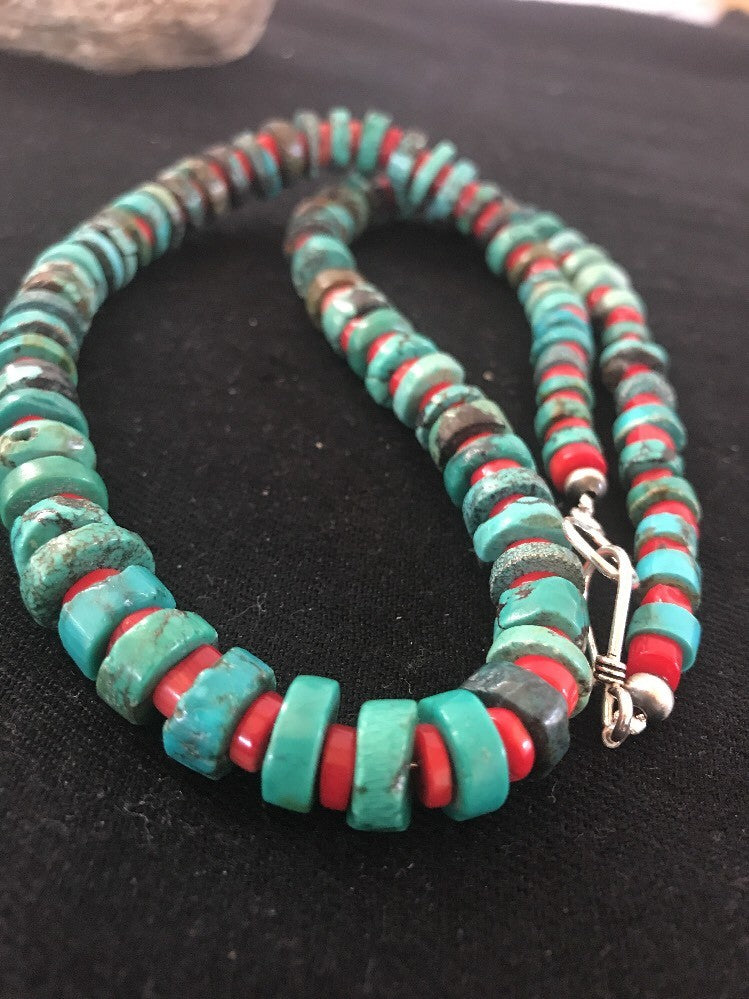 Navajo Mens  8mm Sterling Silver Heishi Blue Green Turquoise Coral Necklace A3