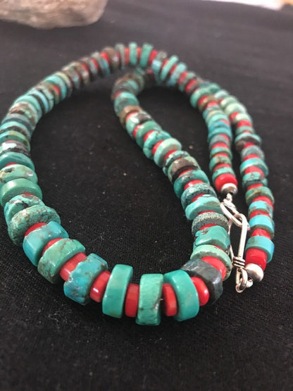 Navajo Mens  8mm Sterling Silver Heishi Blue Green Turquoise Coral Necklace A3
