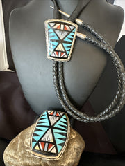 Zuni Men's BoloTie Belt Buckle Ranger Set Turquoise Coral | Sterling Silver | Authentic Native American Handmade | 19155