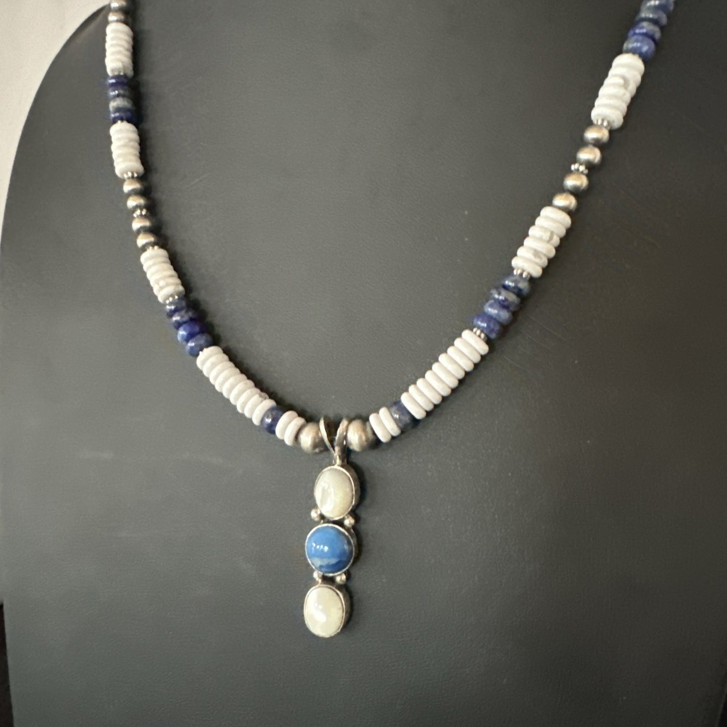 Blue Lapis White MOP Howlite Pendant Navajo Sterling Silver Necklace 19656