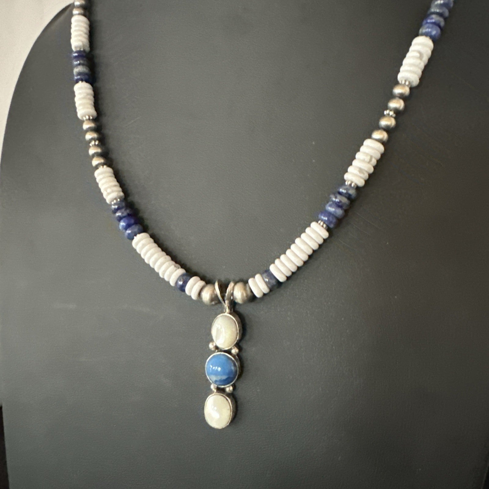 Blue Lapis White MOP Howlite Pendant Navajo Sterling Silver Necklace 19656