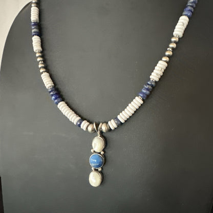 Blue Lapis White MOP Howlite Pendant Navajo Sterling Silver Necklace 19656