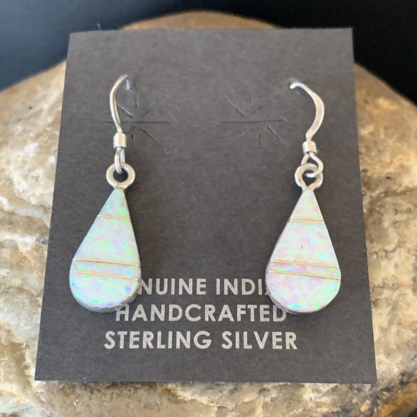 Womens White Opal Inlay Navajo Sterling Silver Dangle Post Earrings 0.5" 12770