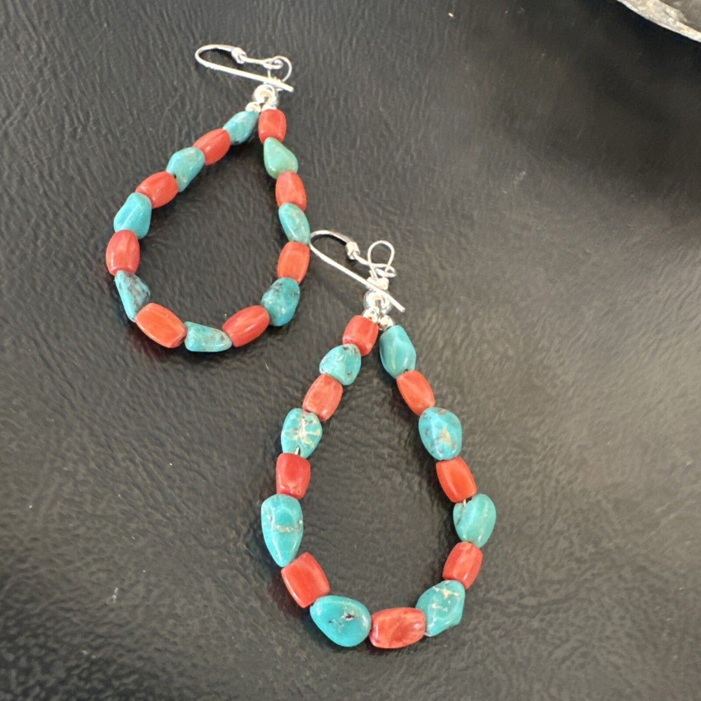 Blue Turquoise Coral Navajo Sterling Silver Earrings 2” 18834