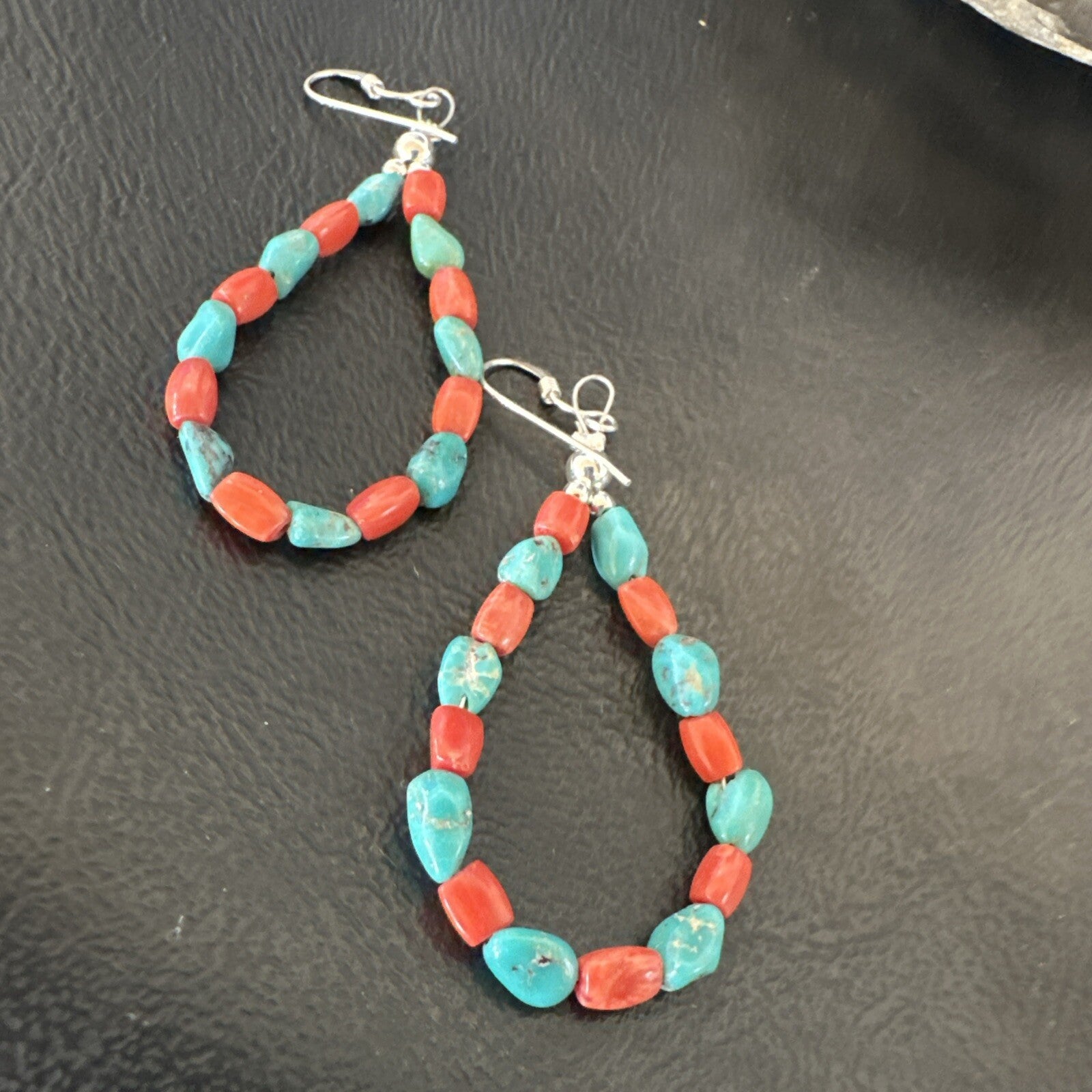 Blue Turquoise Coral Navajo Sterling Silver Earrings 2” 18834