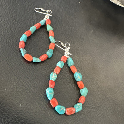 Blue Turquoise Coral Navajo Sterling Silver Earrings 2” 18834