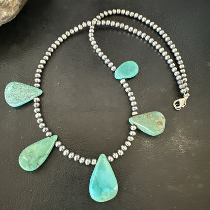 Blue Green Turquoise Teardrop Navajo Pearls Sterling Silver Necklace 20" 17746