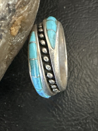 Blue Opal Navajo Sterling Silver Band Inlay Ring Size 8 18806