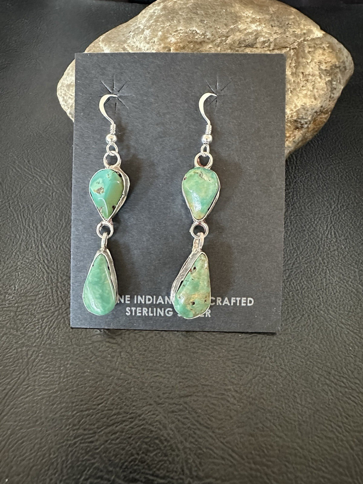 Green Royston Turquoise Navajo Sterling Silver Dangle Earrings 19380