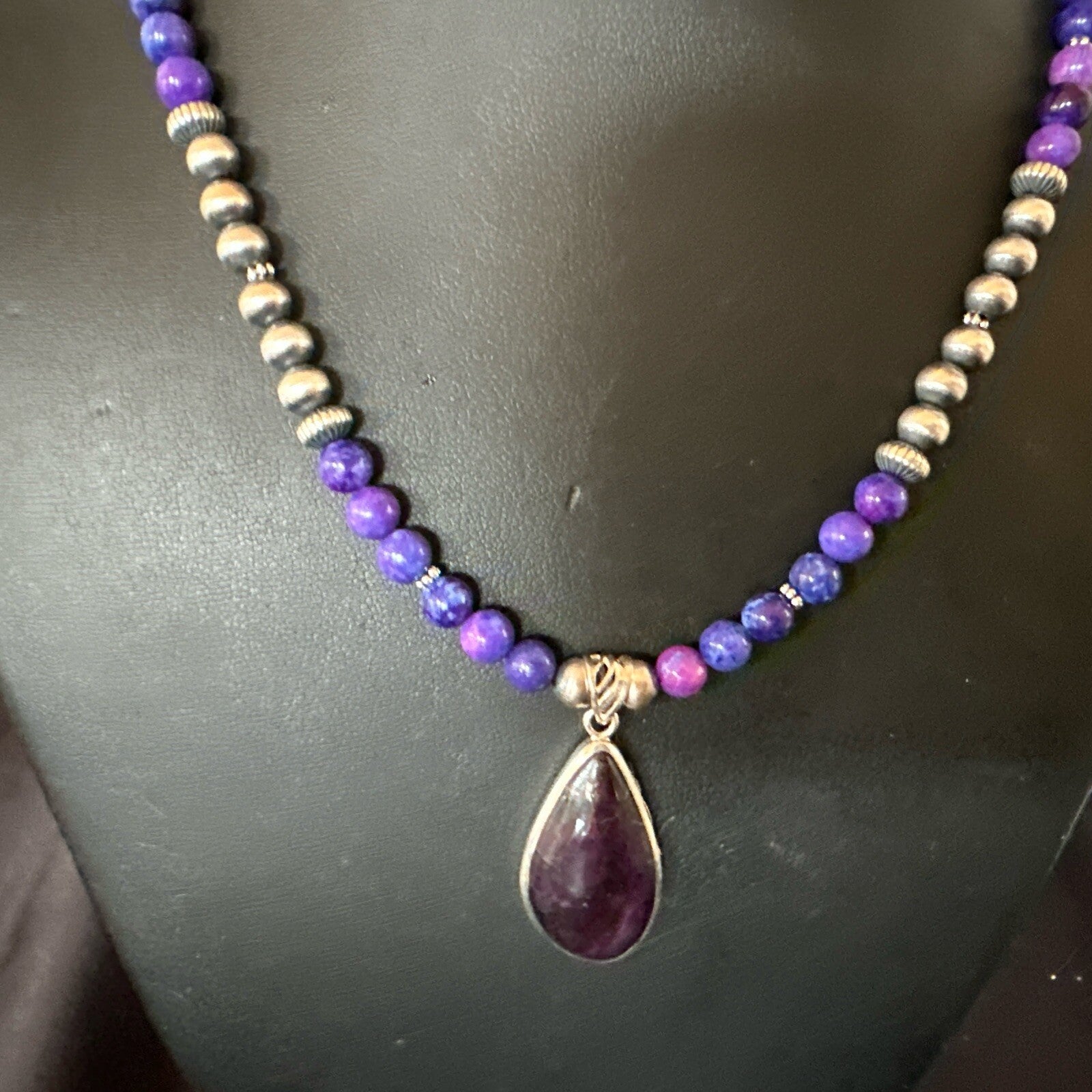 Purple Stone Pendant Navajo Pearls Sterling Silver Necklace 23" 17893