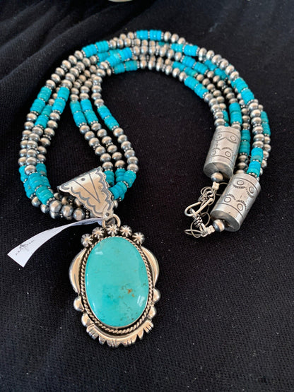 Kingman Turquoise Pendant 3 Strands Navajo Pearls Sterling Silver Necklace 03204