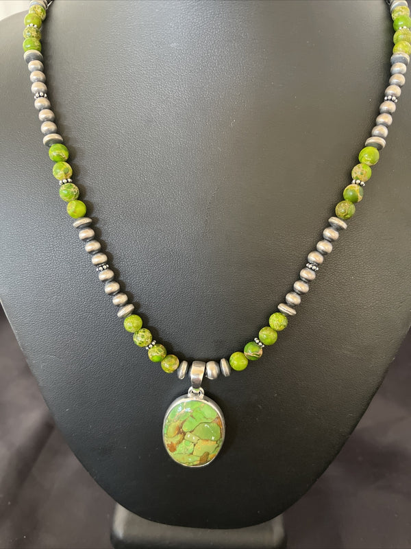 Women Green Mohave Turquoise Pendant Beads Necklace | Sterling Silver | Authentic Native American Handmade | 10311