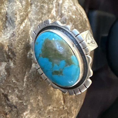 Blue Kingman Turquoise Navajo Sterling Silver Adjustable Ring Size 8 18825