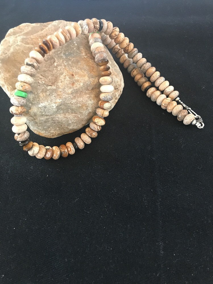 Turquoise Picture Jasper 10 mm Beads Mens Navajo Sterling Silver Necklace 03369