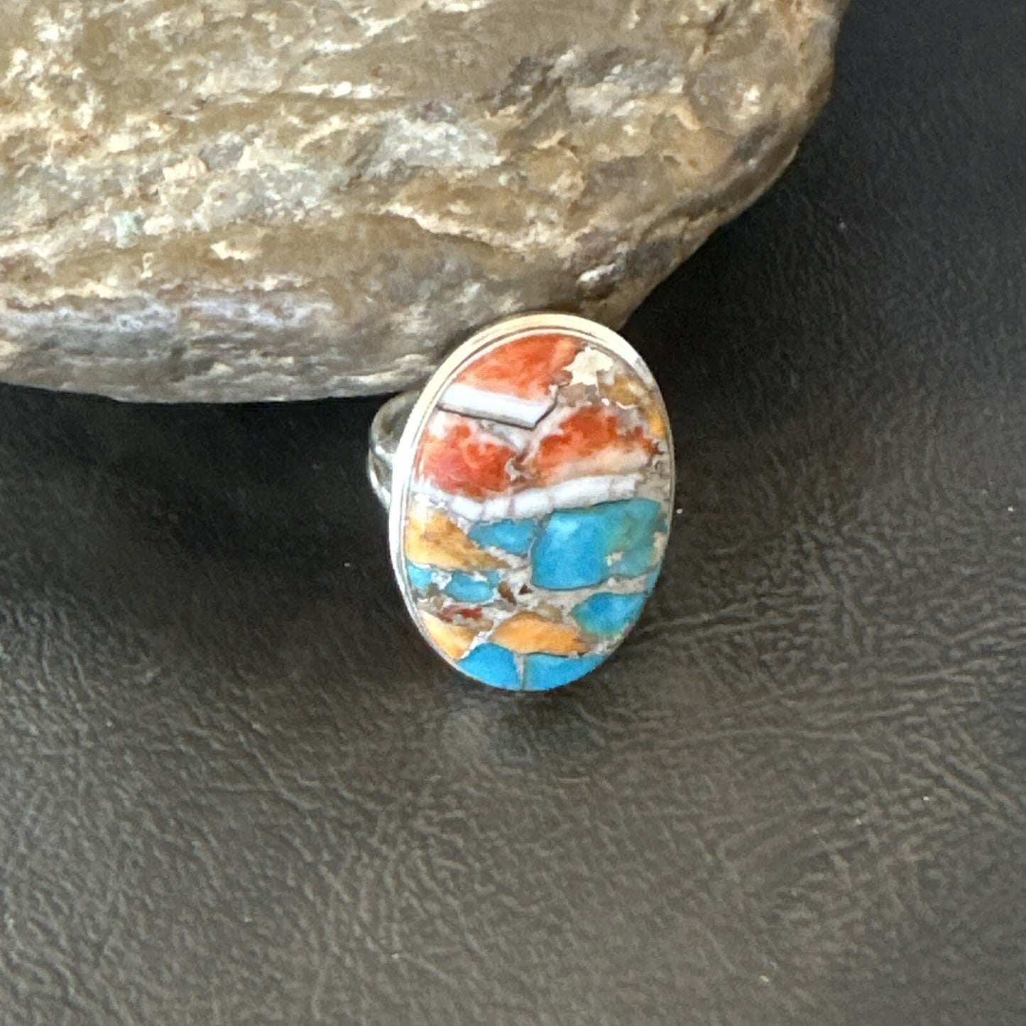 Blue Turquoise Spiny Oyster Southwestern Sterling Silver Ring Size 9 18461