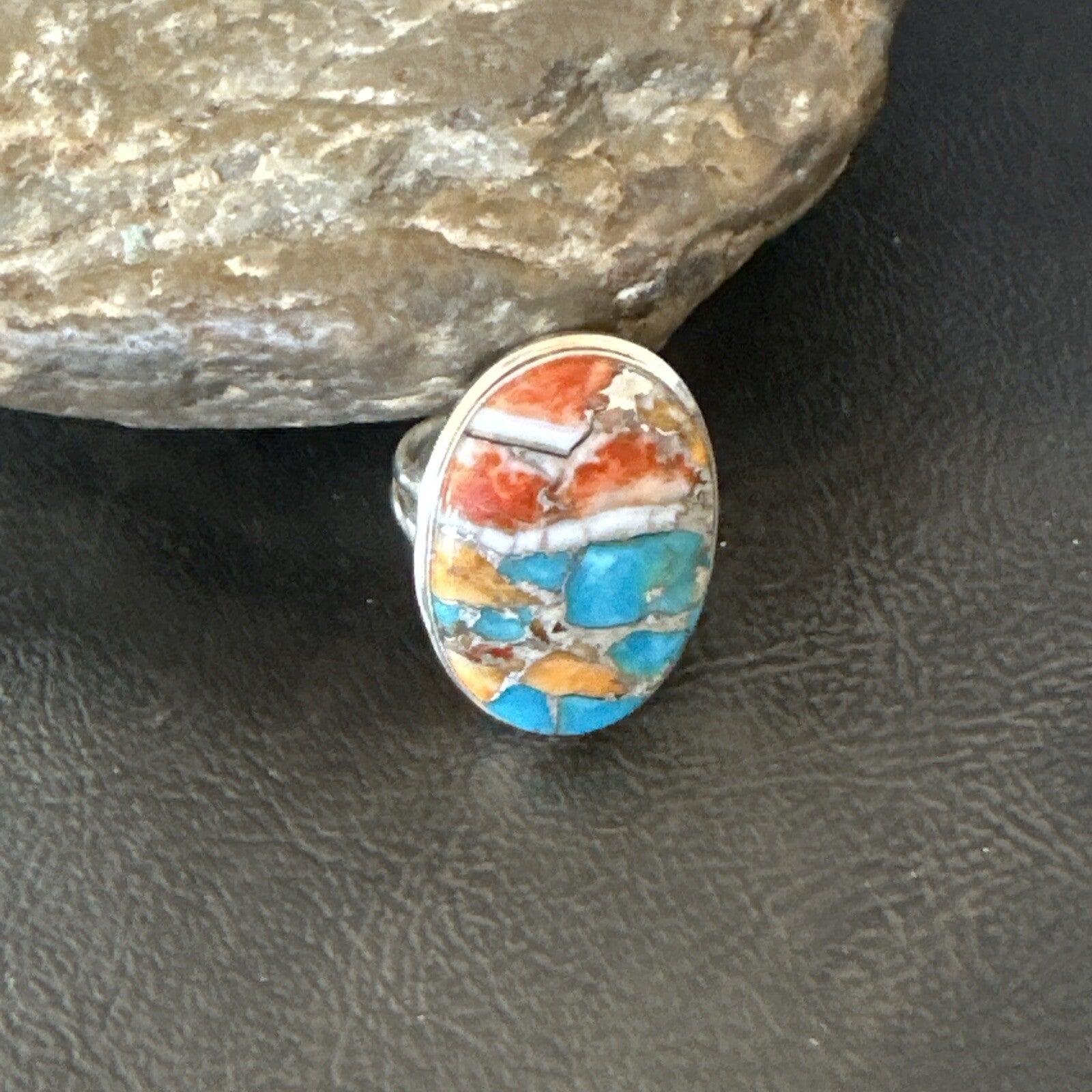 Blue Turquoise Spiny Oyster Southwestern Sterling Silver Ring Size 9 18461