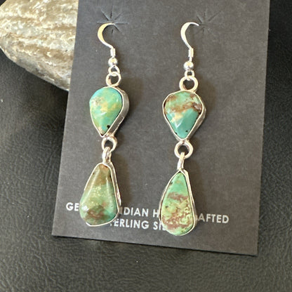 Green Royston Turquoise Navajo Sterling Silver Dangle Earrings 19415