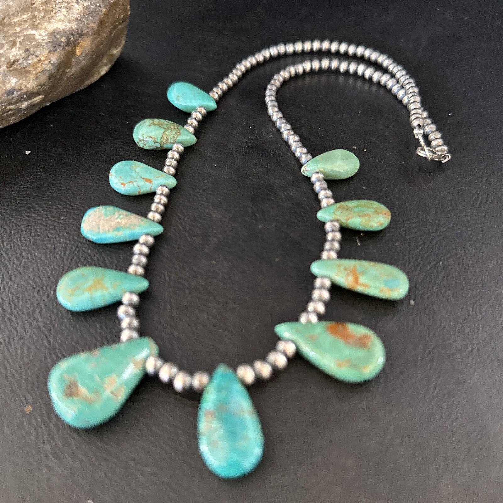 Blue Turquoise Teardrop Navajo Pearls Sterling Silver Necklace 14390