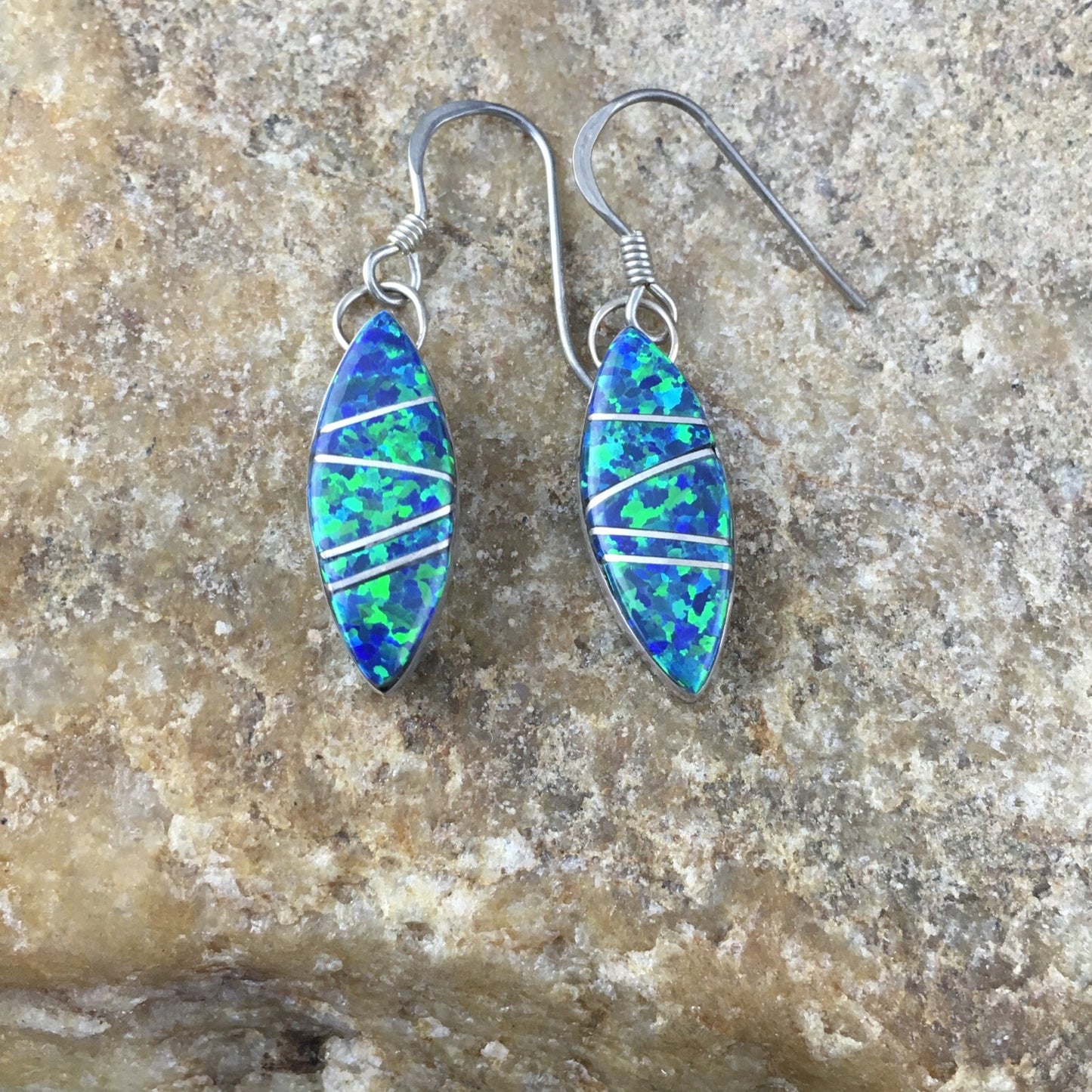 Blue Opal Inlay Navajo Indian Sterling Silver Earrings 2015