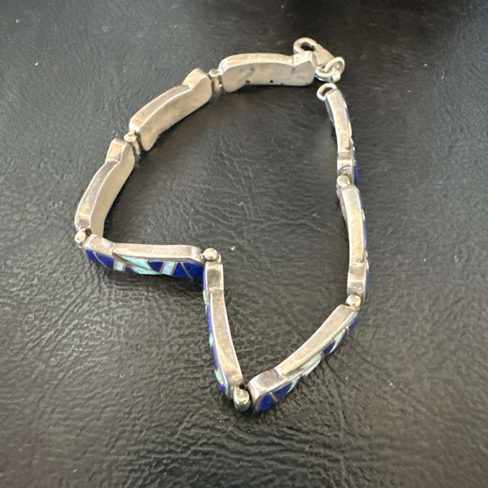 A Womens Blue Lapis Opal Sterling Silver Link Bracelet 9" 19792