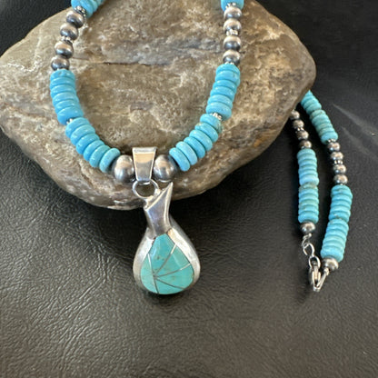 Pottery Blue Turquoise Inlay Pendant Navajo Sterling Silver Necklace 20" 19678