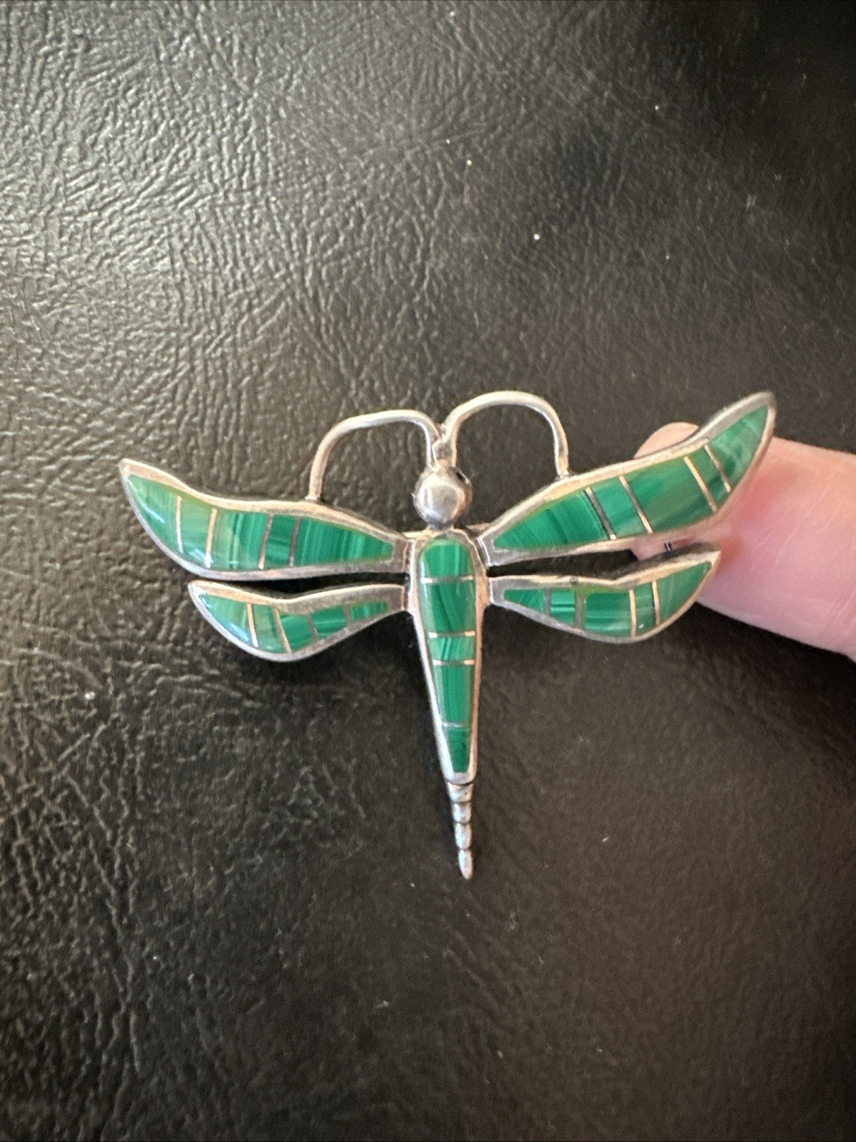 Rare Dragonfly Green Malachite Sterling Silver Inlay Pin 1.35” 19820