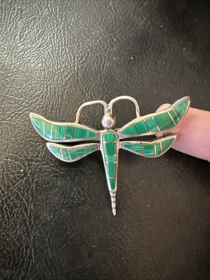 Rare Dragonfly Green Malachite Sterling Silver Inlay Pin 1.35” 19820