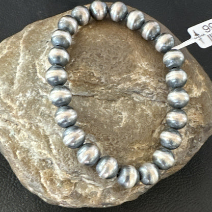 Native American 8mm Beads 8” Sterling Silver Beads Stretch Bracelet 90803