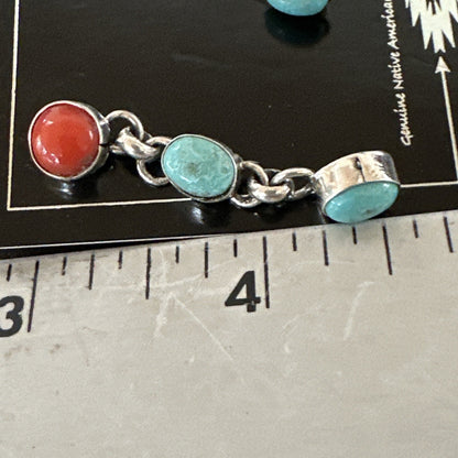 Blue Turquoise Red Spiny MultiColor Navajo Sterling Silver Inlay Earrings 18355
