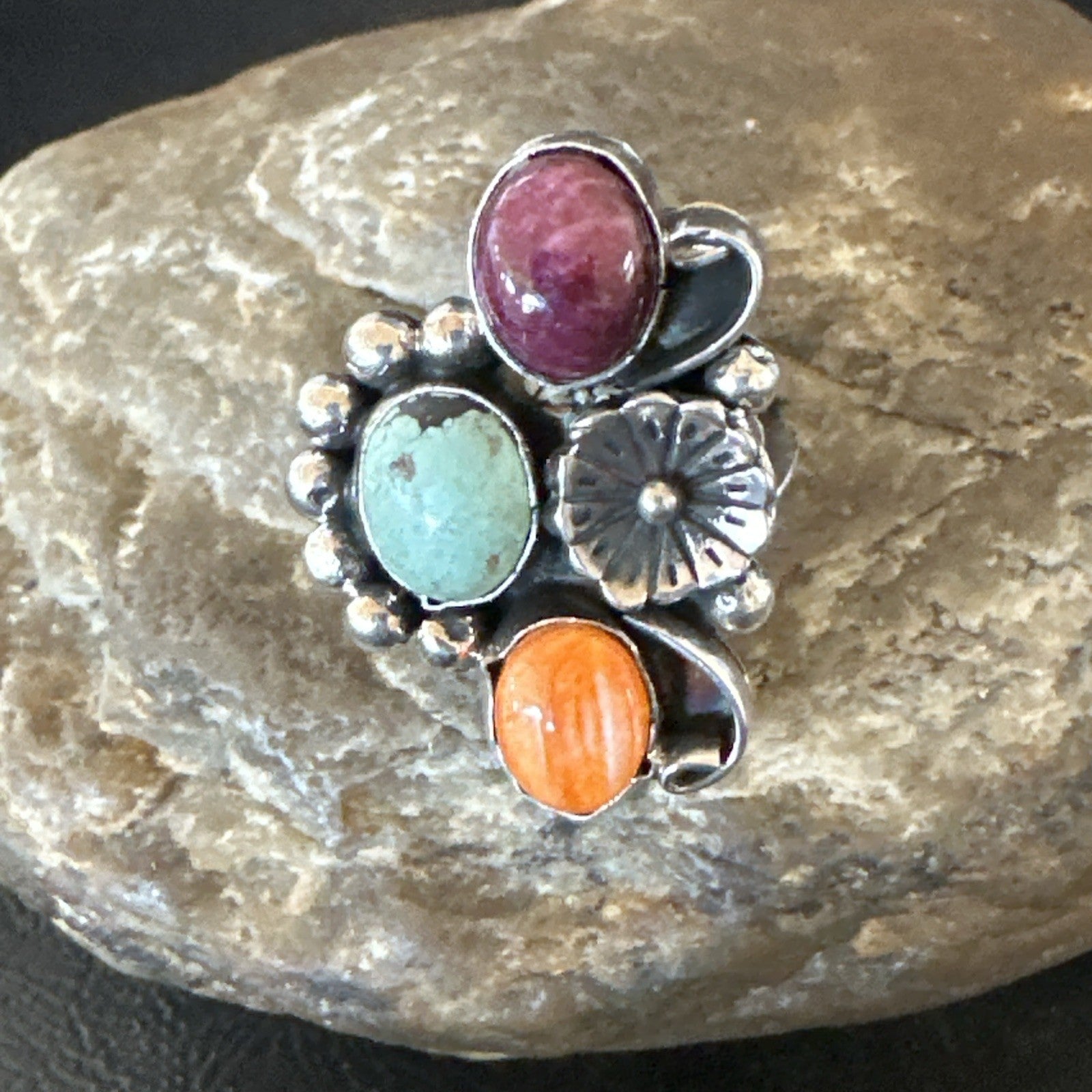 Multicolor Ring Turquoise Spiny Navajo Sterling Silver Cluster Size 8 19183