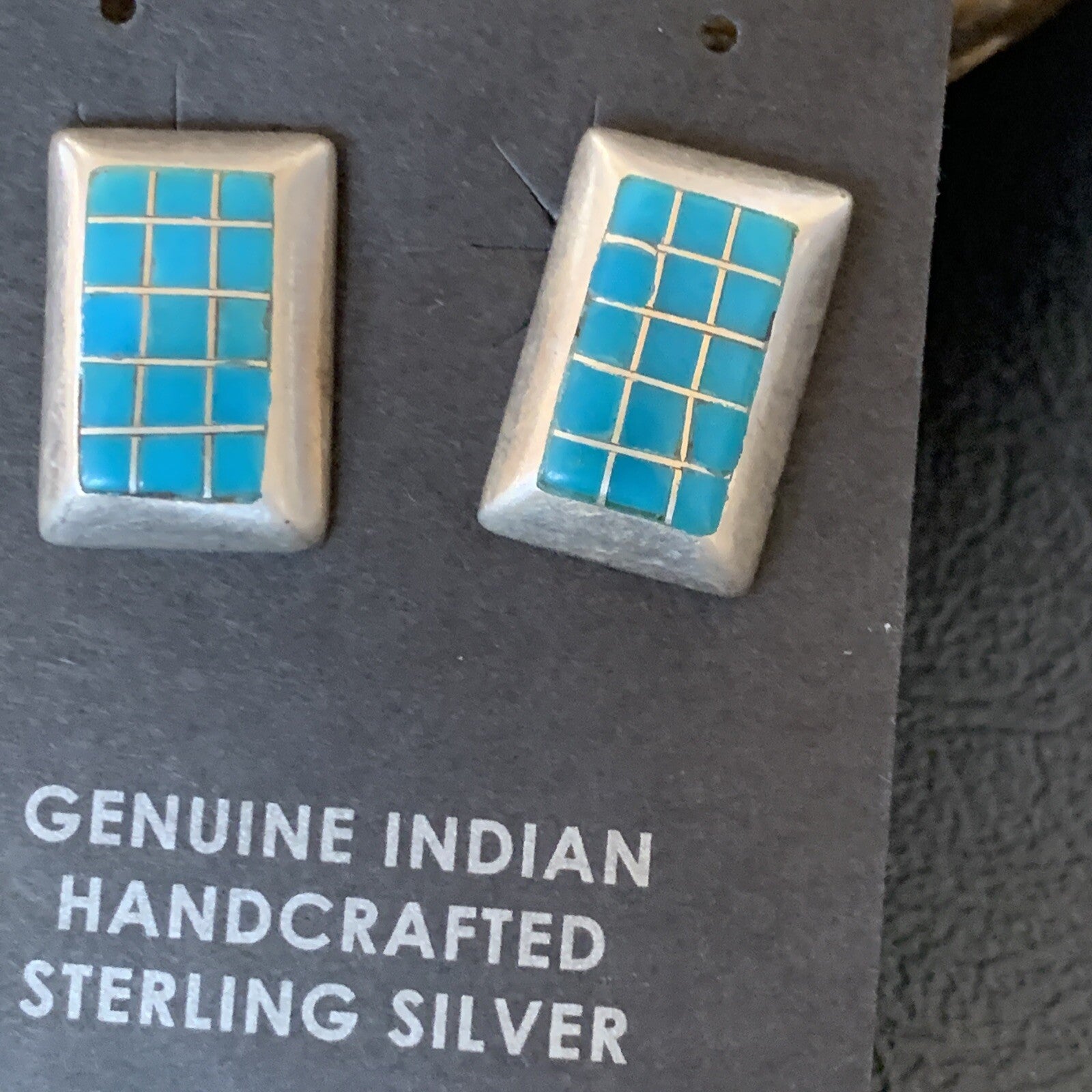 Blue Turquoise Inlay Navajo Sterling Silver Dangle Post Earrings 0.5" 12749