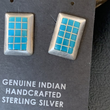 Blue Turquoise Inlay Navajo Sterling Silver Dangle Post Earrings 0.5" 12749