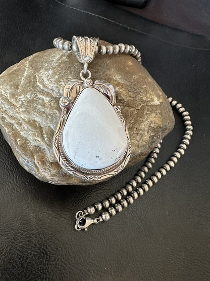 Mens White Buffalo Turquoise Pendant Sterling Silver Beads Necklace 18310