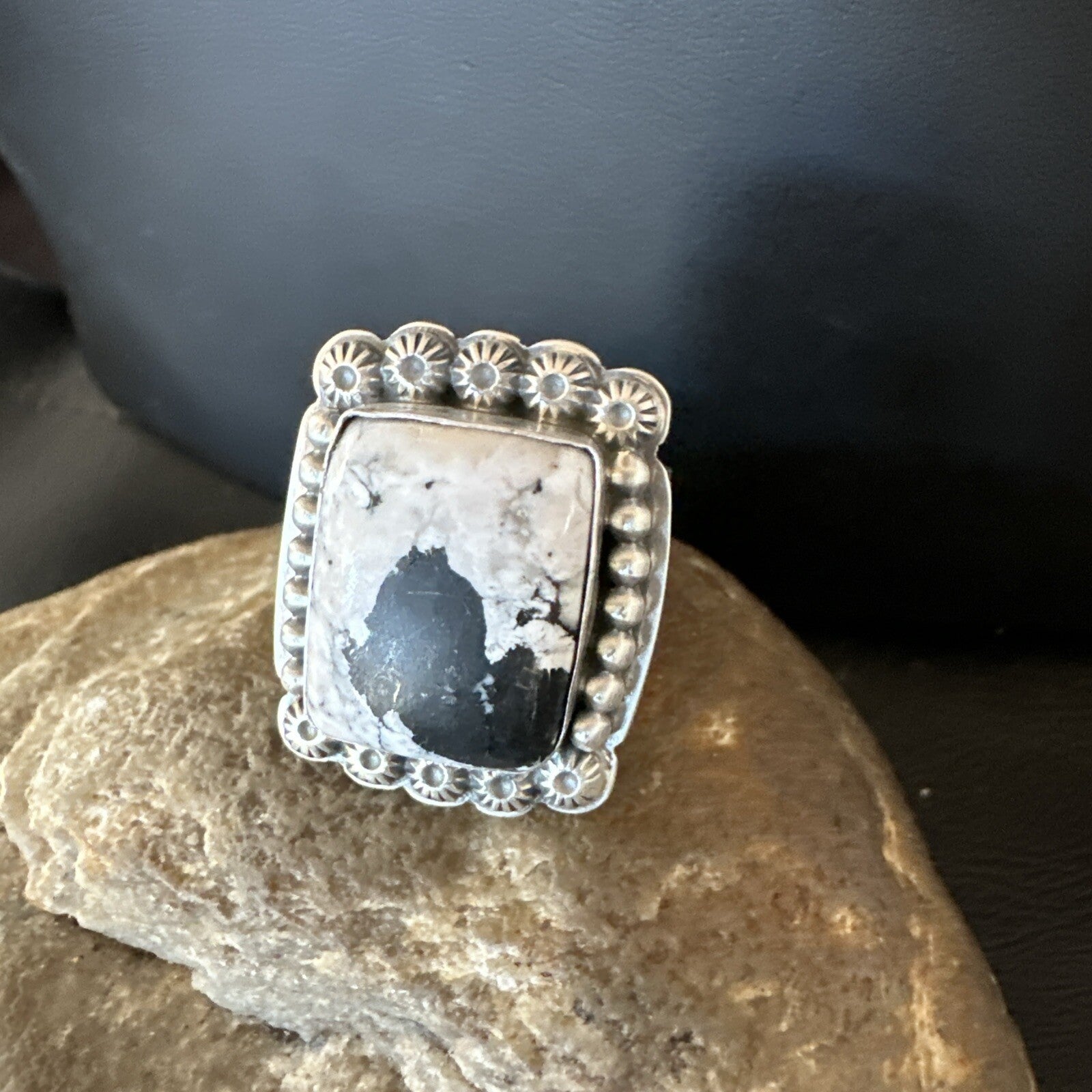 White Buffalo Turquoise Navajo Sterling Silver Ring Size 8 18775