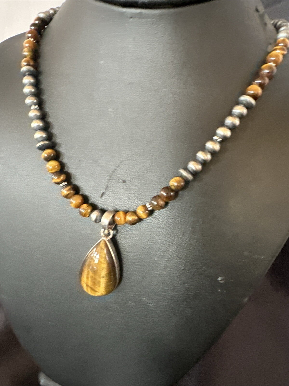 Coffee Brown Tigers Eye Sterling Silver Pendant Necklace Southwestern 18280