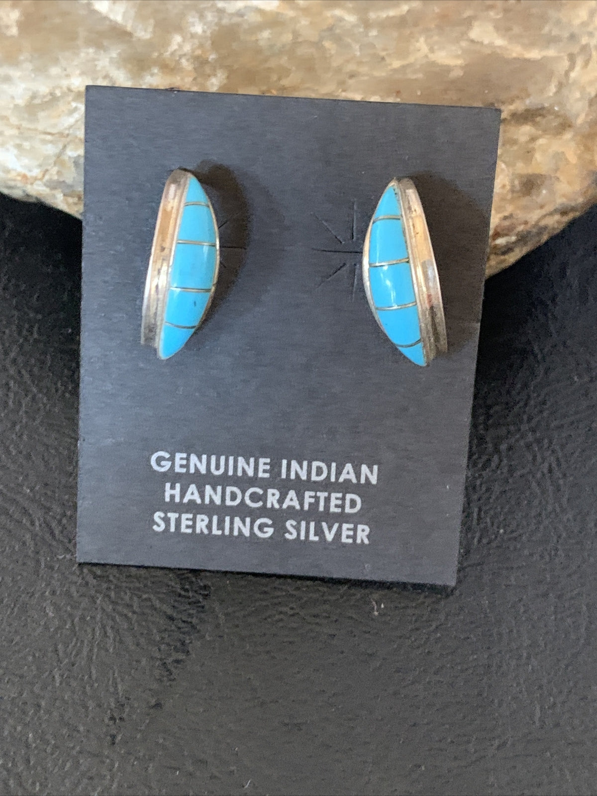 Southwestern Zuni Blue Turquoise Sterling Silver Inlay Hoop Earrings 0.75" 13023