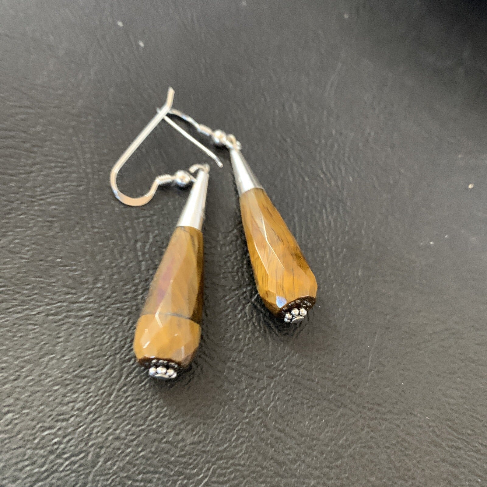 Coffee Tiger's Eye Navajo Sterling Silver Dangle Drop Bead Earrings 1.5" 11715
