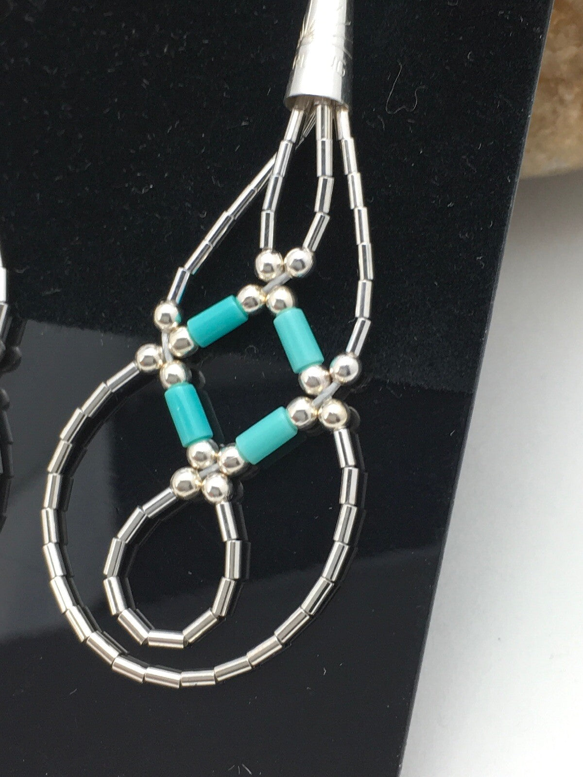 Blue Turquoise Tube Heishi Dangle Liquid Sterling Silver Earrings 2" 03100