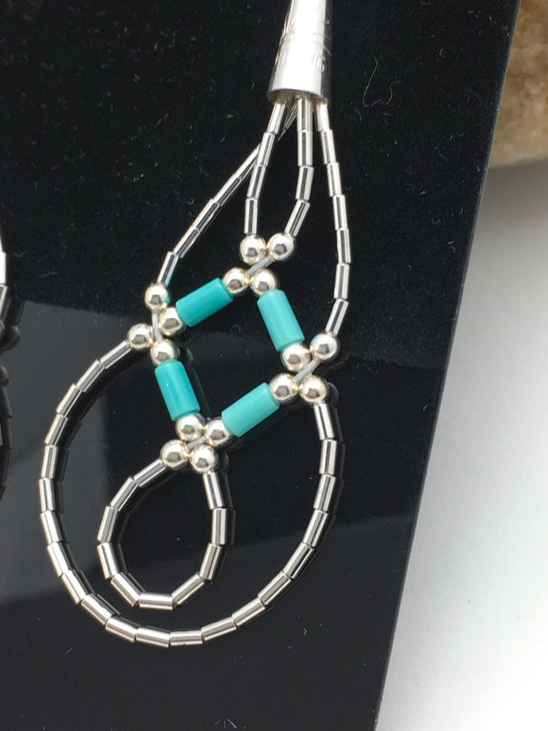 Blue Turquoise Tube Heishi Dangle Liquid Earrings 2" | Sterling Silver | Authentic Native American Handmade | 03100