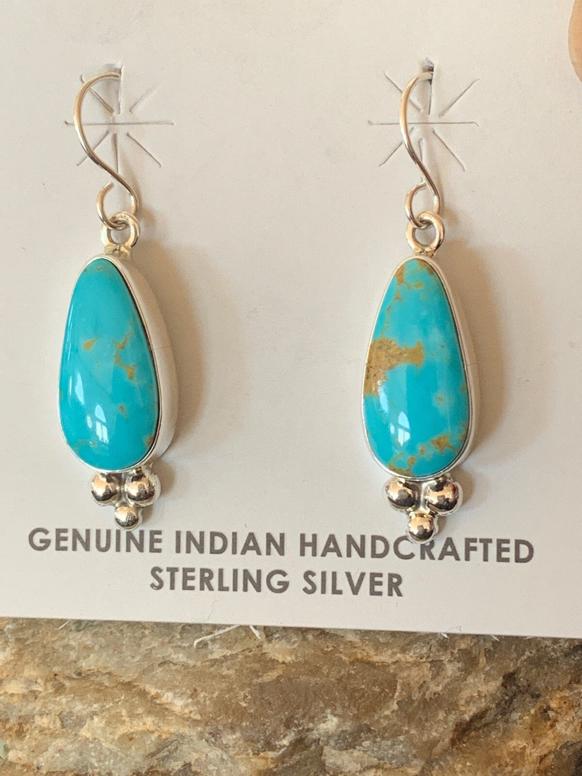 Womens Blue Turquoise Navajo Sterling Silver Earrings 1" 12981