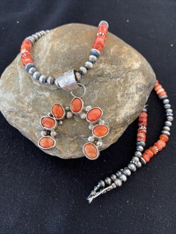 Women's Navajo Red Spiny Oyster Naja Pendant Necklace | Sterling Silver | Authentic Native American Handmade | 19183