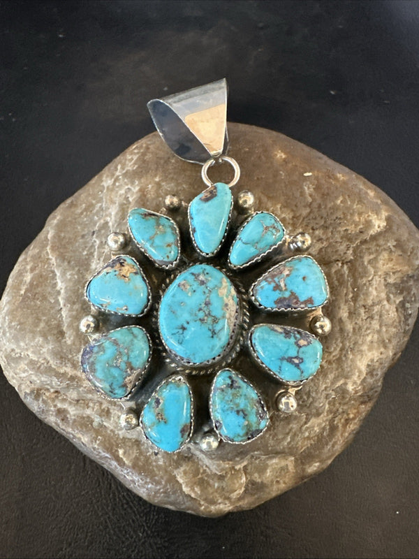 Cluster Blue Turquoise Navajo Pendant 2.75" | Sterling Silver | Authentic Native American Handmade | 19118