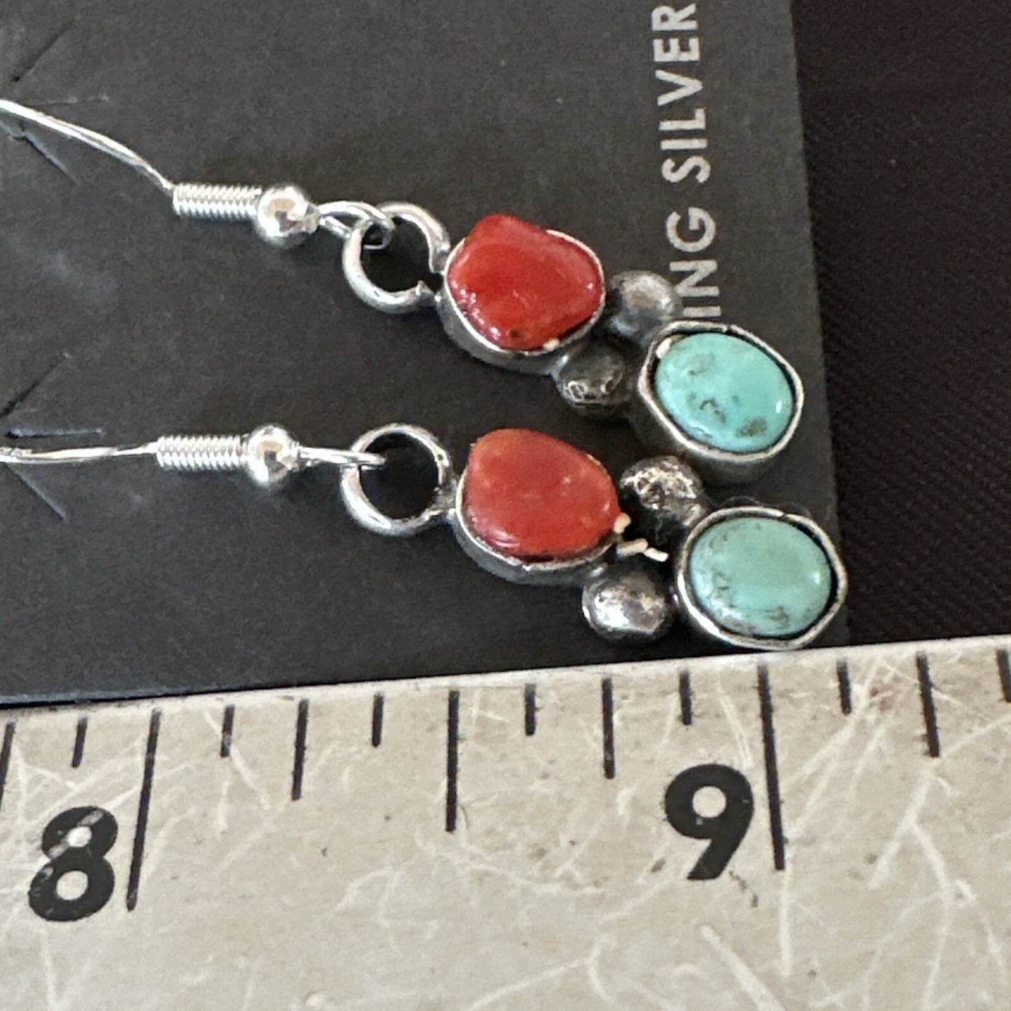 Handmade Blue Turquoise Red Coral Sterling Silver Navajo Dangle Earrings 18841