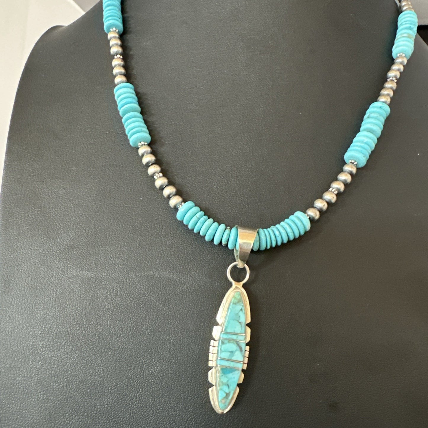 Blue Turquoise Inlay Pendant Navajo Sterling Native American Necklace 20" 19510