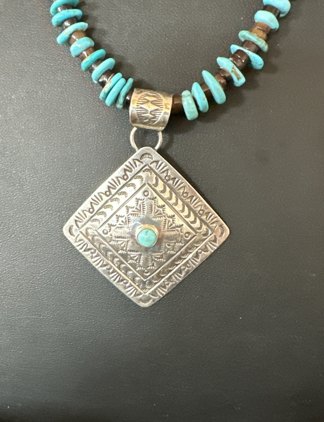 Navajo Blue Turquoise Stamped Pendant Shell Sterling Silver 25” Necklace 19709