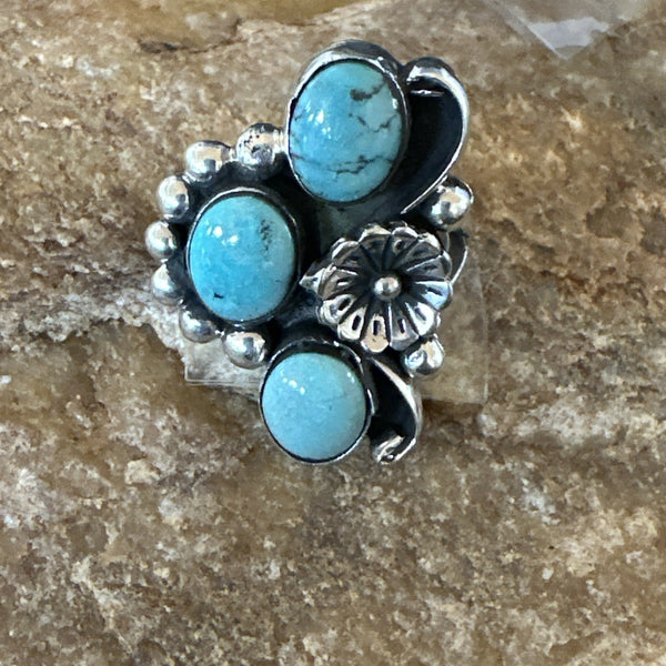 Yazzie Ring Blue Turquoise Navajo Cluster Size 9 | Sterling Silver | Authentic Native American Handmade | 19217